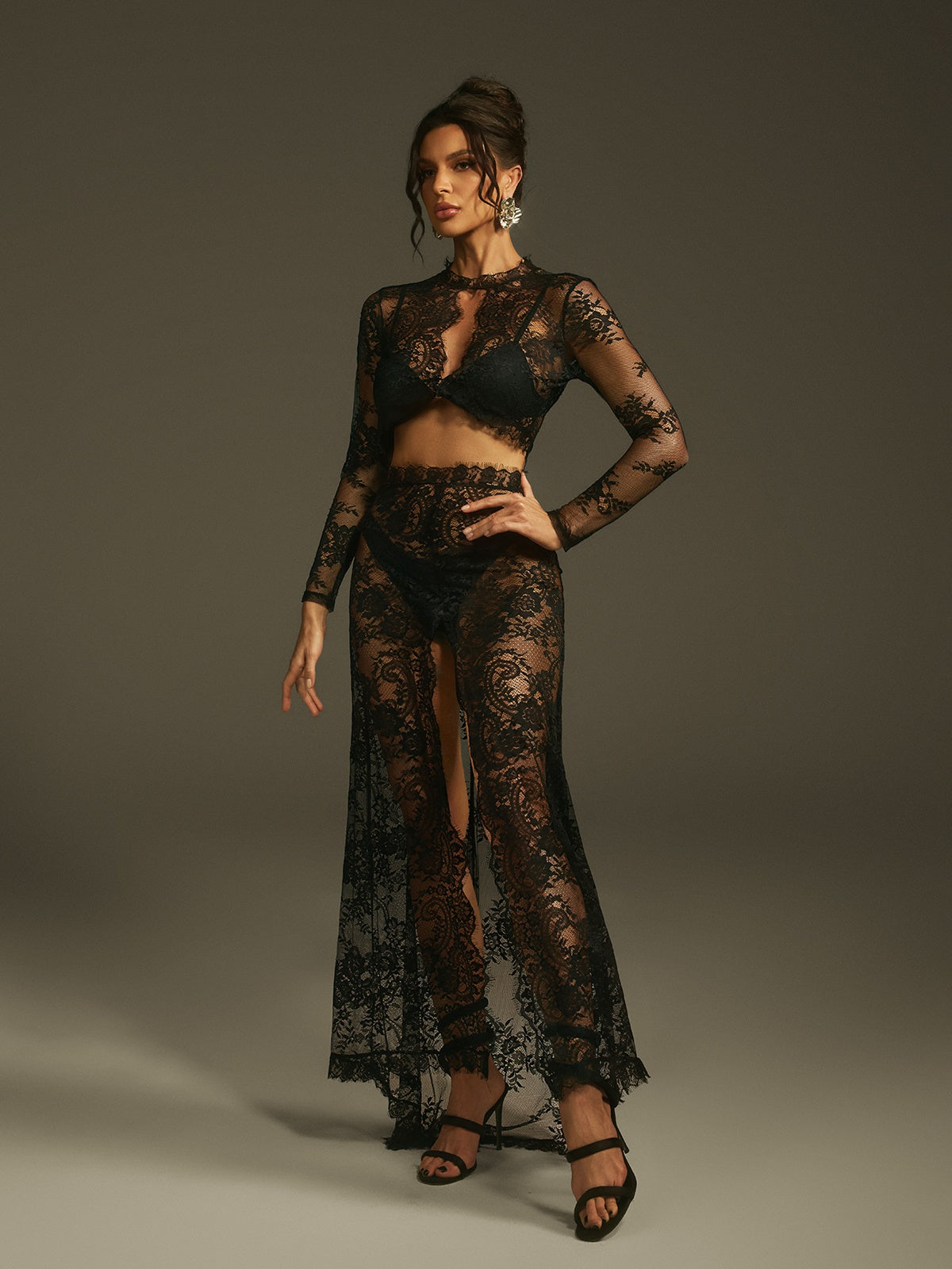 DALIA - Long Sleeve Lace Split Maxi Dress - Black