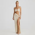 DALIA - Swimsuit Braided Suspender Top Slit Skirt Set In Apricot