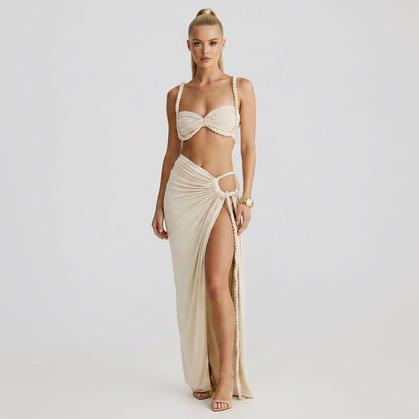 DALIA - Swimsuit Braided Suspender Top Slit Skirt Set In Apricot