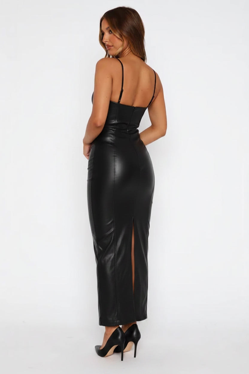 DALIA - Urban Nightlife Sophisticated Black Leather Dress - Black