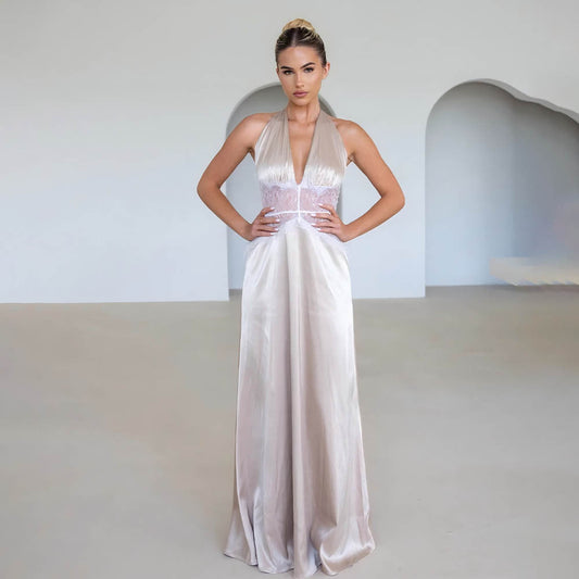 DALIA - Dinner Elegant Lace - Paneled Halter Maxi Dress - Champagne