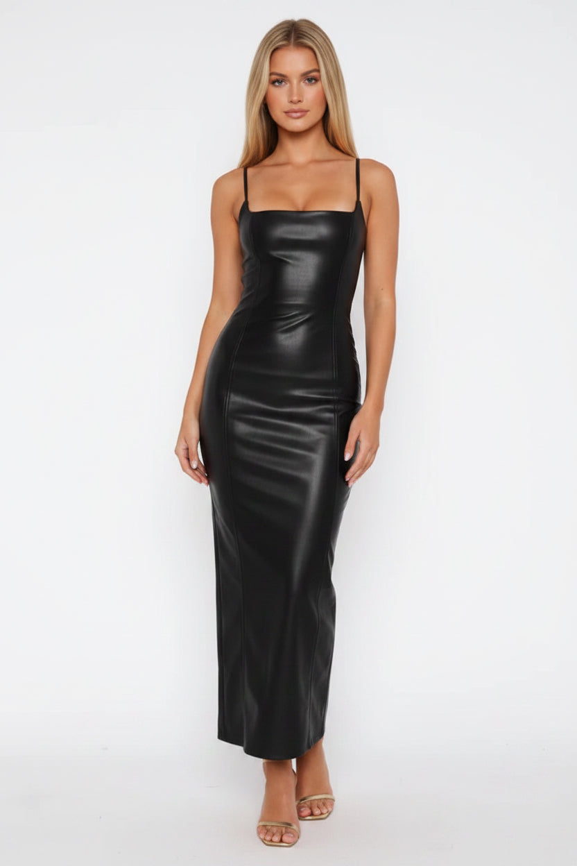 DALIA - Urban Nightlife Sophisticated Black Leather Dress - Black