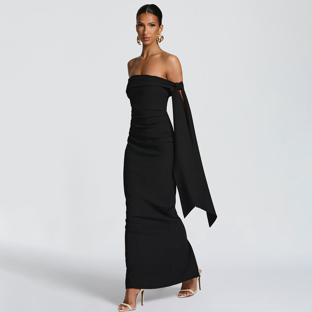 DALIA - Classic Mansion Romantic Off Shoulder Ribbon Maxi Dress - Black