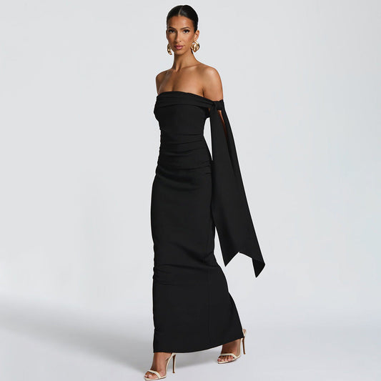 DALIA - Classic Mansion Romantic Off Shoulder Ribbon Maxi Dress - Black
