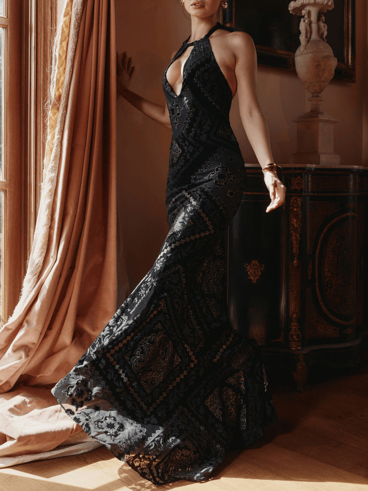 DALIA - Black & Gold Devore Velvet Maxi Gown