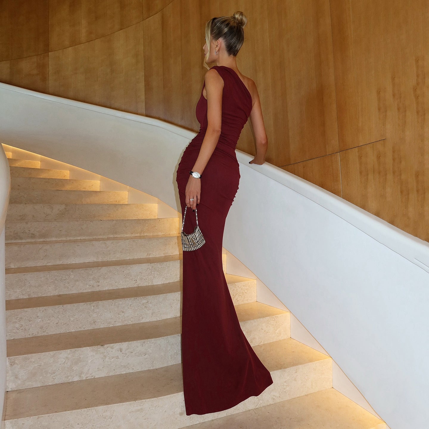 DALIA - Burgundy One Shoulder Maxi Dress