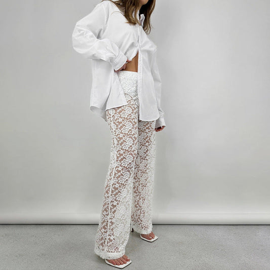 DALIA - Mysterious Alluring Lace Flare Pants - White