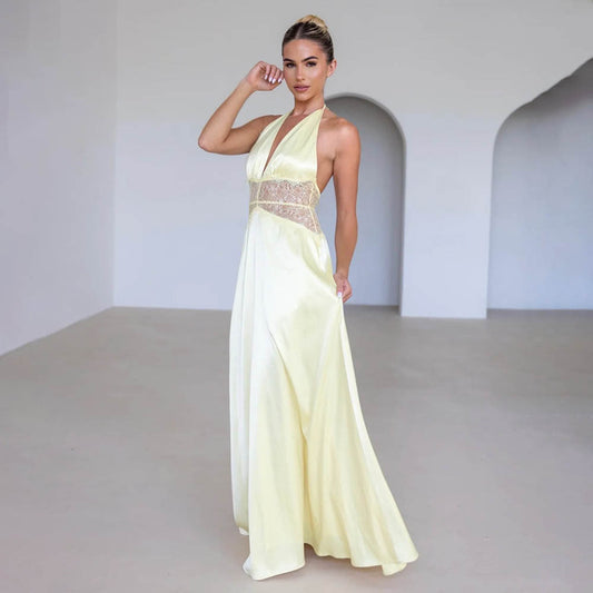 DALIA - Dinner Elegant Lace - Paneled Halter Maxi Dress - Yellow