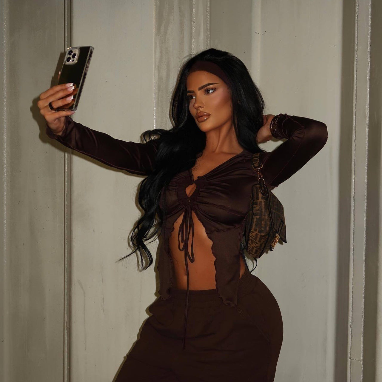 DALIA - Sheer Ruched Tie-Front Top