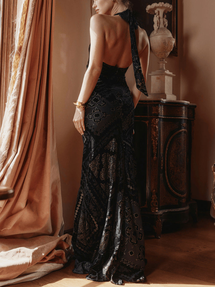 DALIA - Black & Gold Devore Velvet Maxi Gown