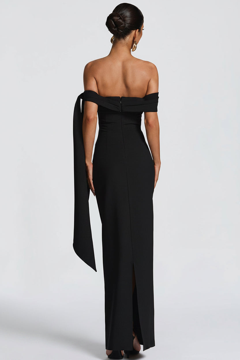 DALIA - Classic Mansion Romantic Off Shoulder Ribbon Maxi Dress - Black