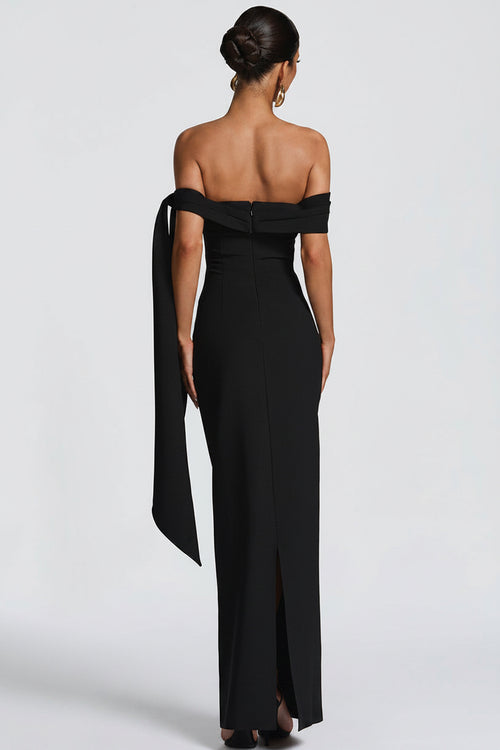 DALIA - Classic Mansion Romantic Off Shoulder Ribbon Maxi Dress - Black