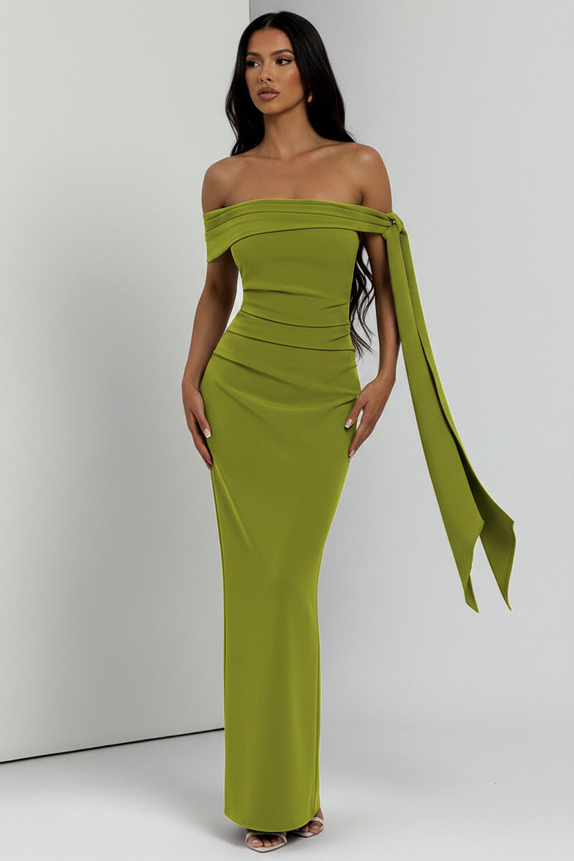 DALIA - Classic Mansion Romantic Off Shoulder Ribbon Maxi Dress - Green