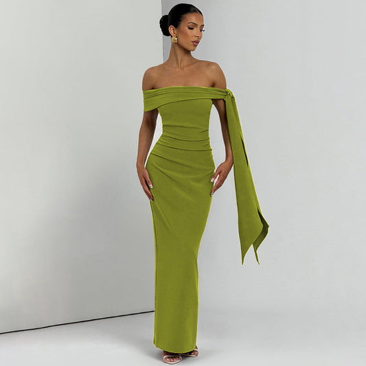 DALIA - Classic Mansion Romantic Off Shoulder Ribbon Maxi Dress - Green