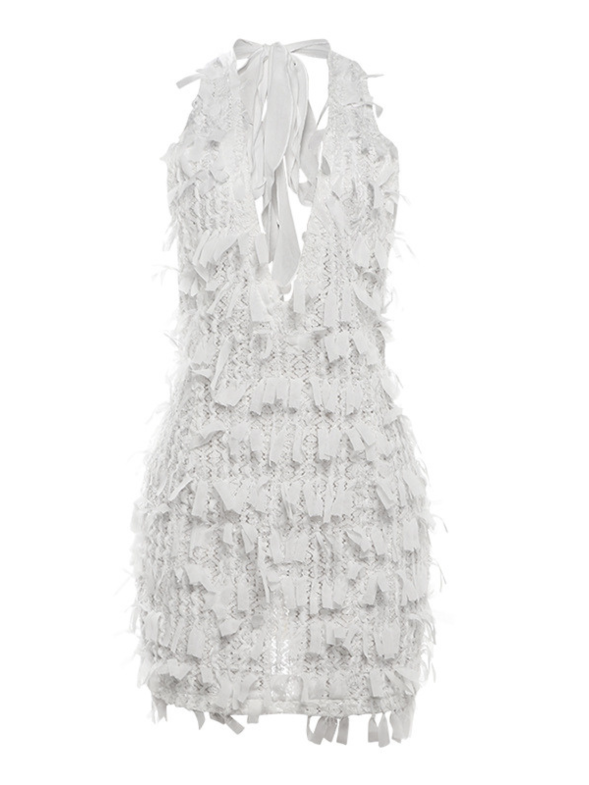 DALIA - Plunge Neck Fringe Mini Dress - White