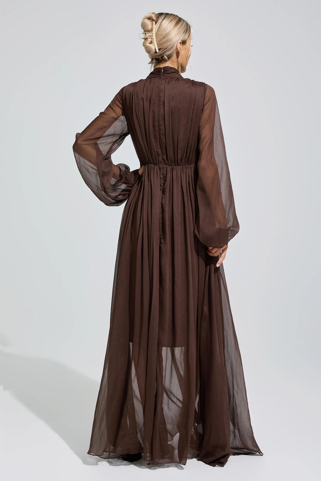 DALIA - Lantern Sleeve Maxi Dress - Brown