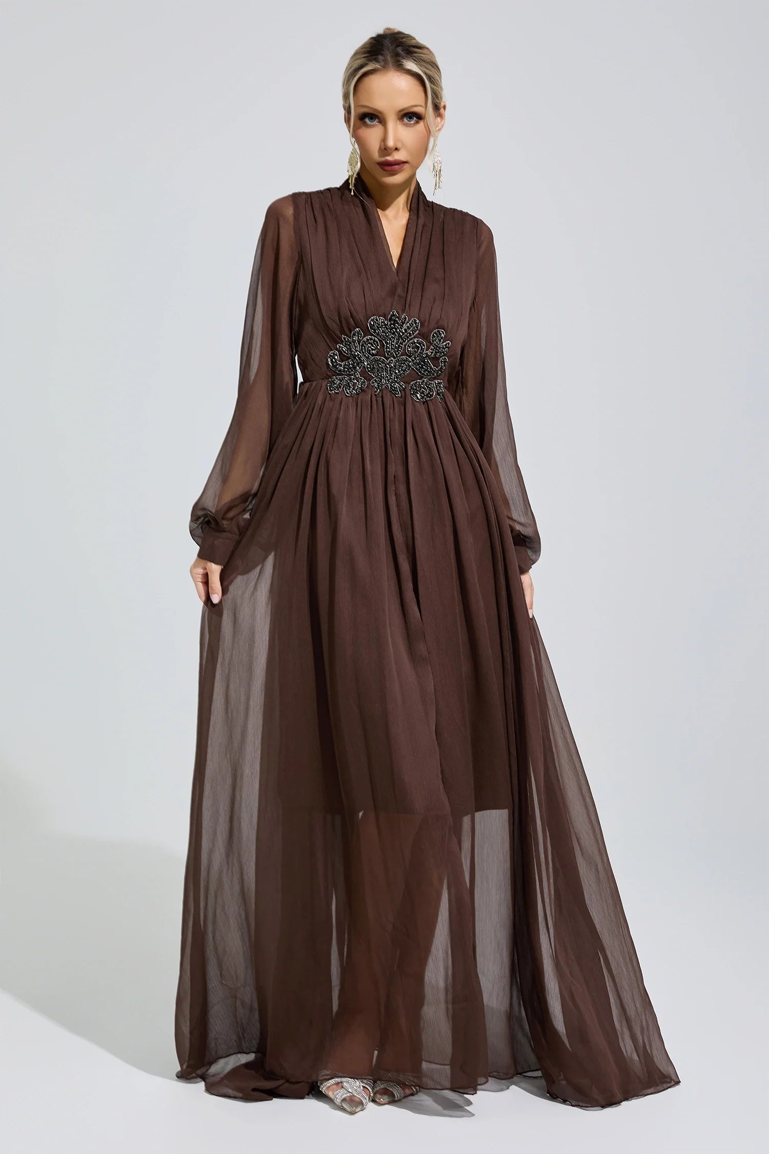 DALIA - Lantern Sleeve Maxi Dress - Brown