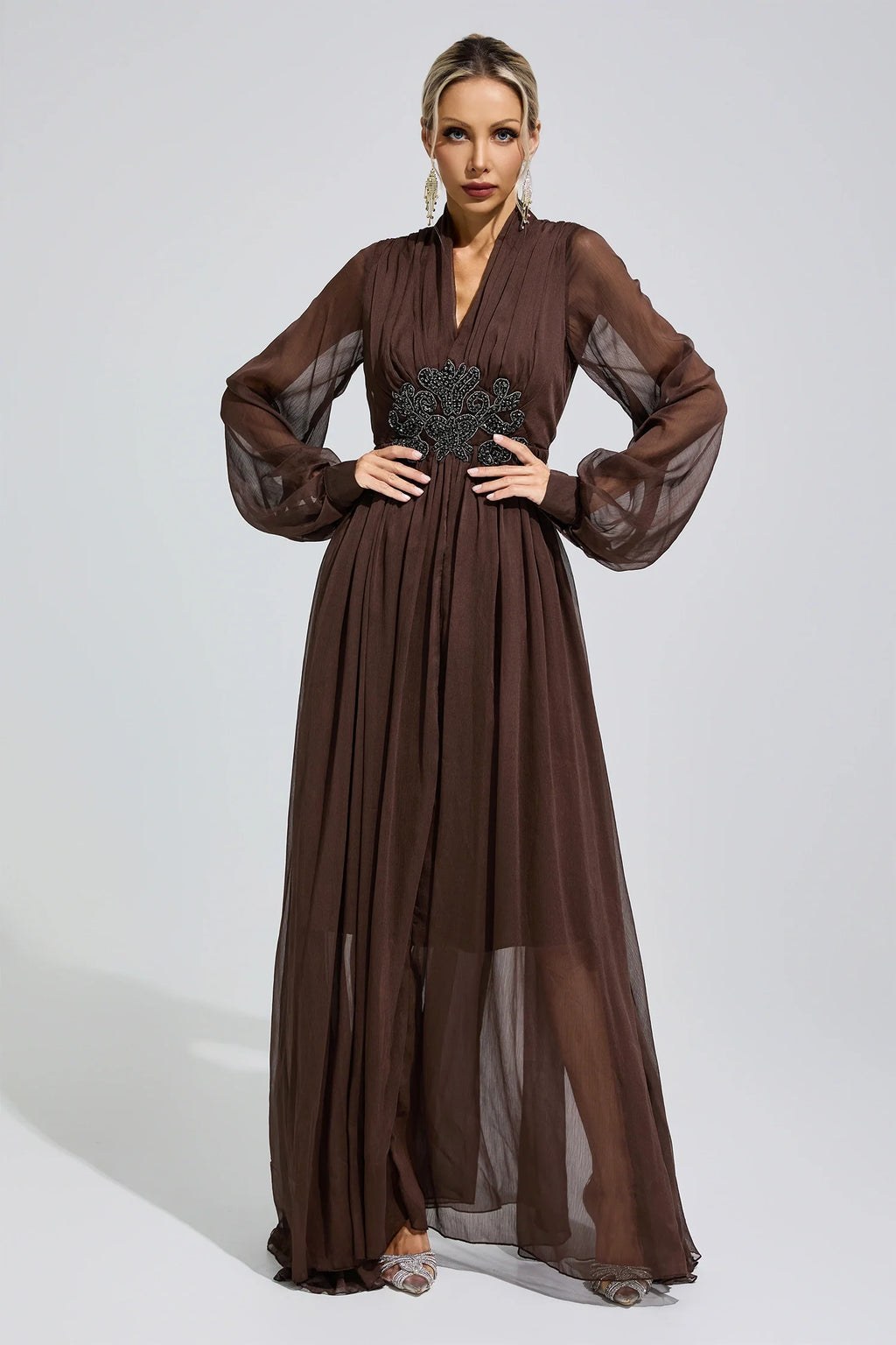 DALIA - Lantern Sleeve Maxi Dress - Brown