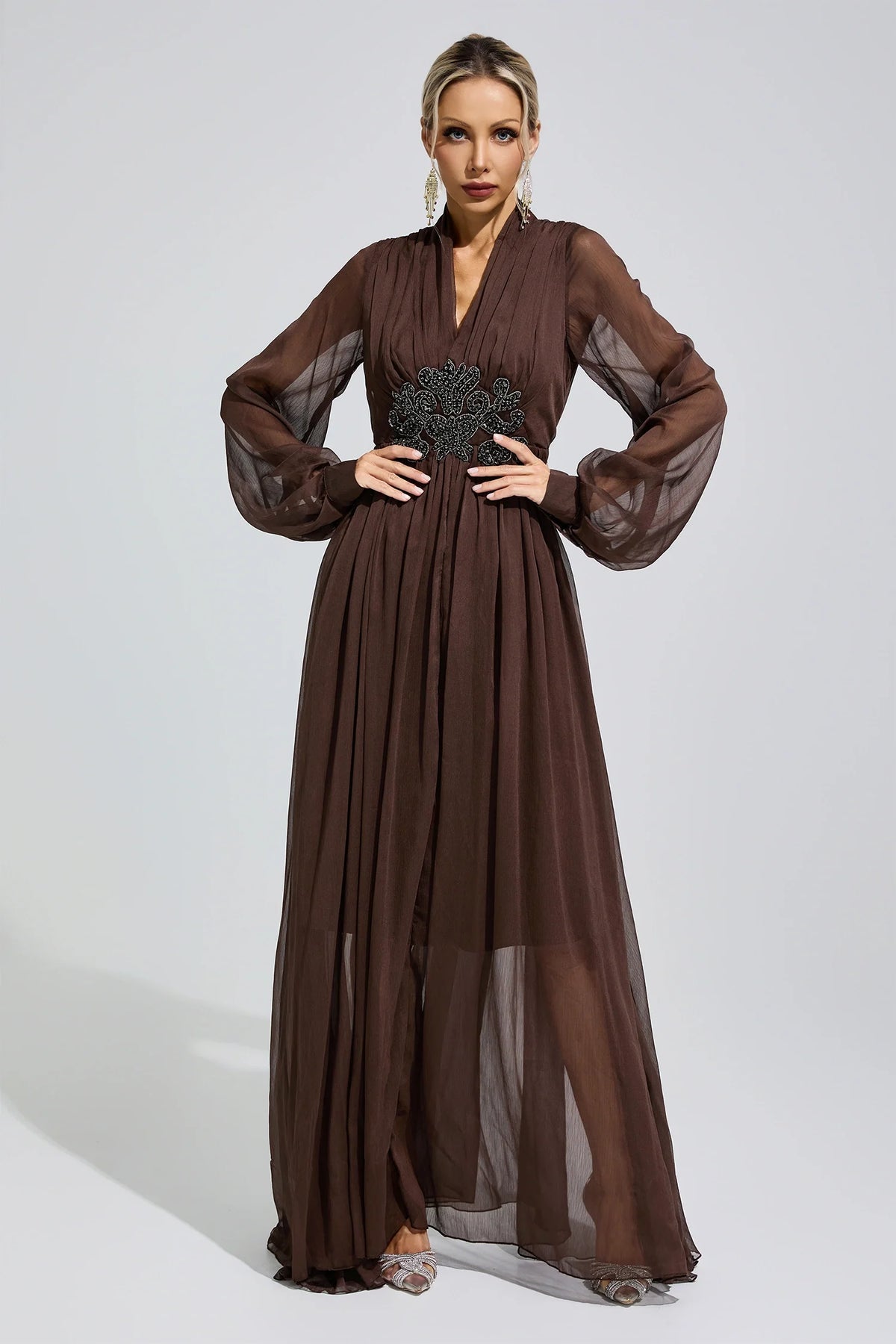 DALIA - Lantern Sleeve Maxi Dress - Brown