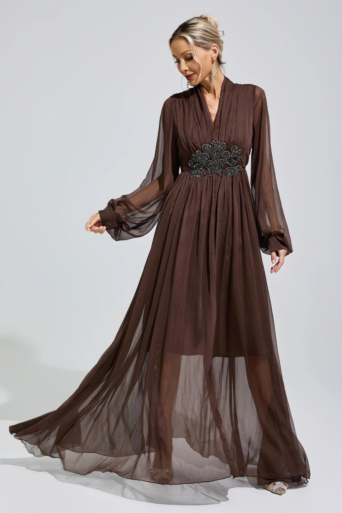 DALIA - Lantern Sleeve Maxi Dress - Brown