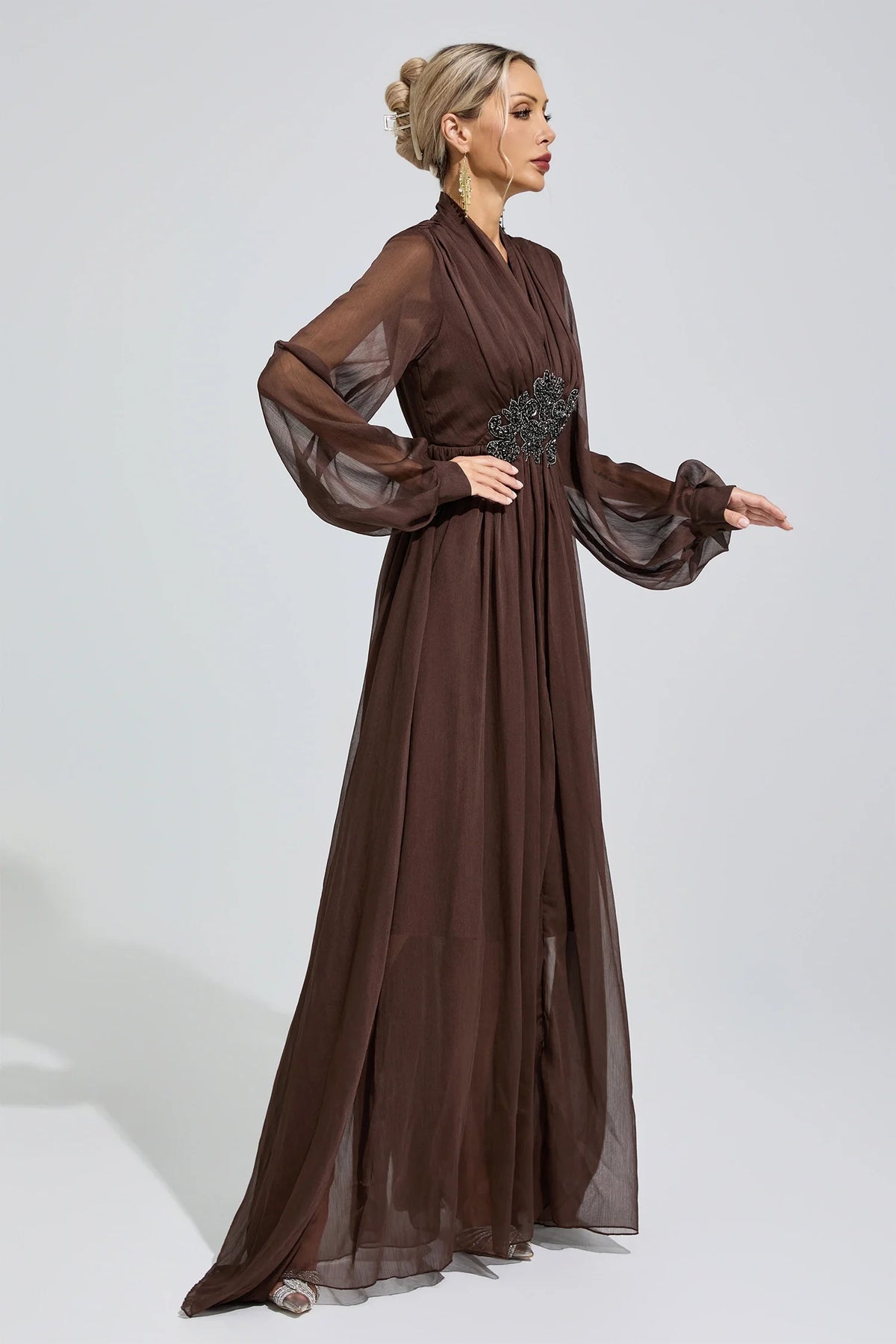 DALIA - Lantern Sleeve Maxi Dress - Brown