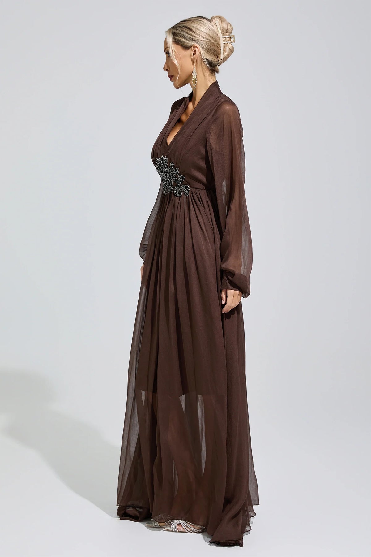 DALIA - Lantern Sleeve Maxi Dress - Brown