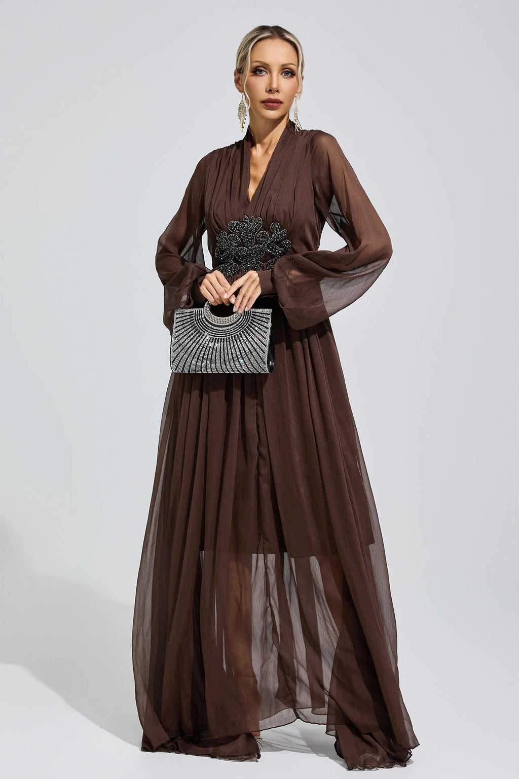 DALIA - Lantern Sleeve Maxi Dress - Brown