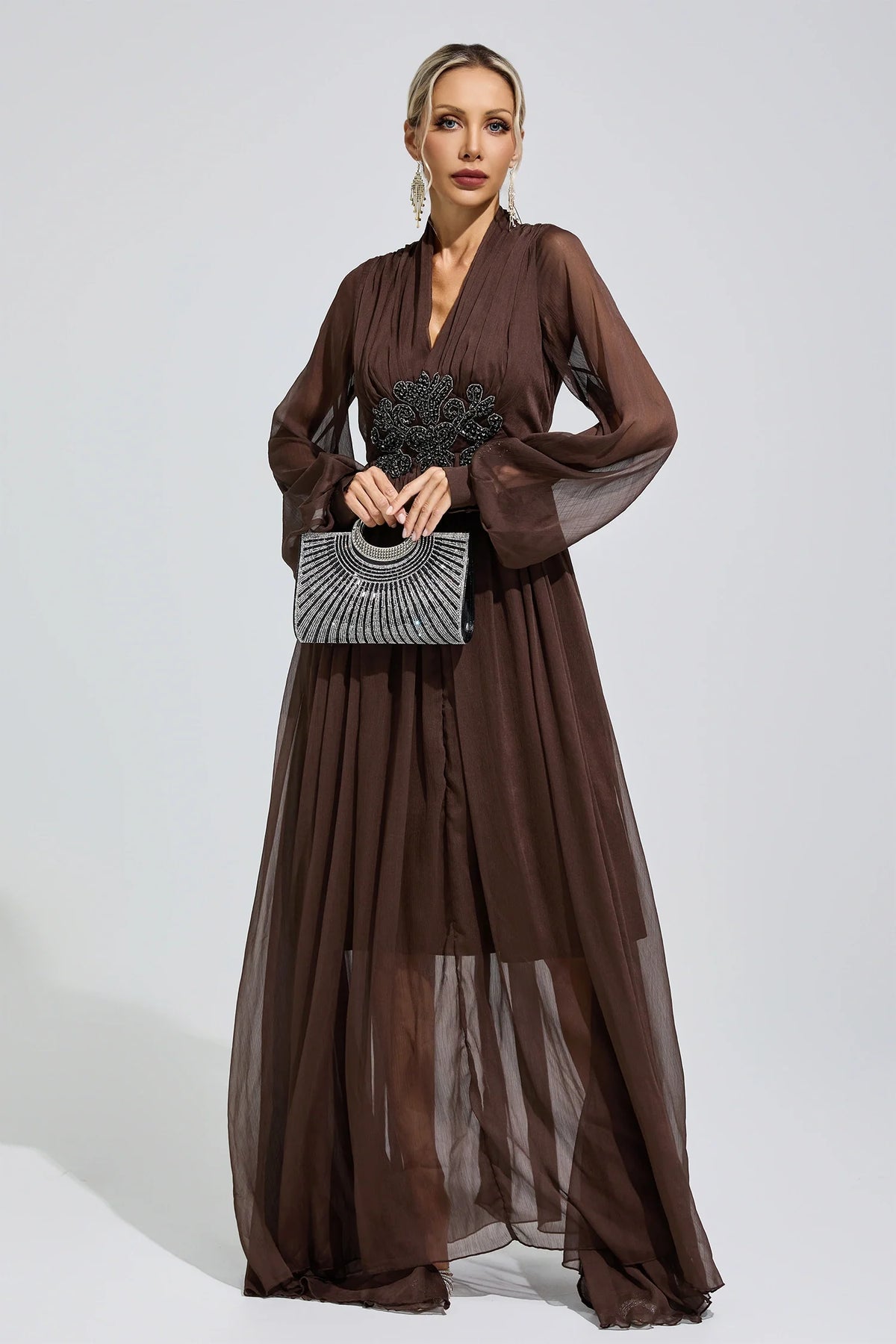 DALIA - Lantern Sleeve Maxi Dress - Brown