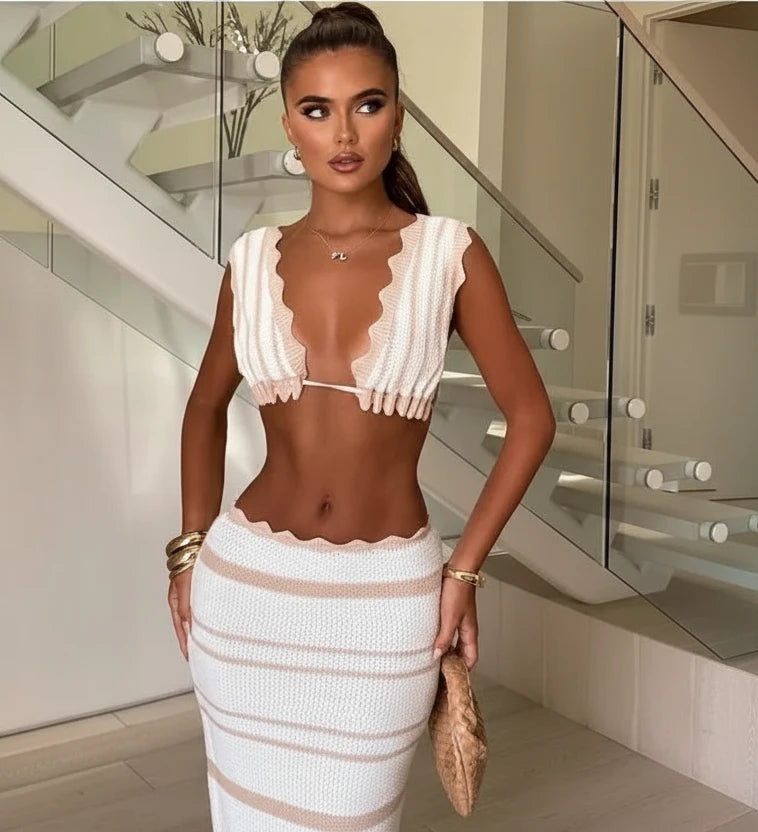 DALIA - Striped Ruffle Maxi Knit Set - Beige