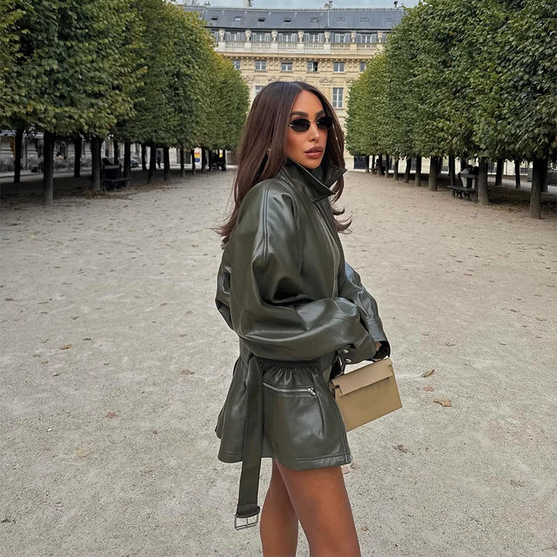 DALIA - Army Green Leather Jacket