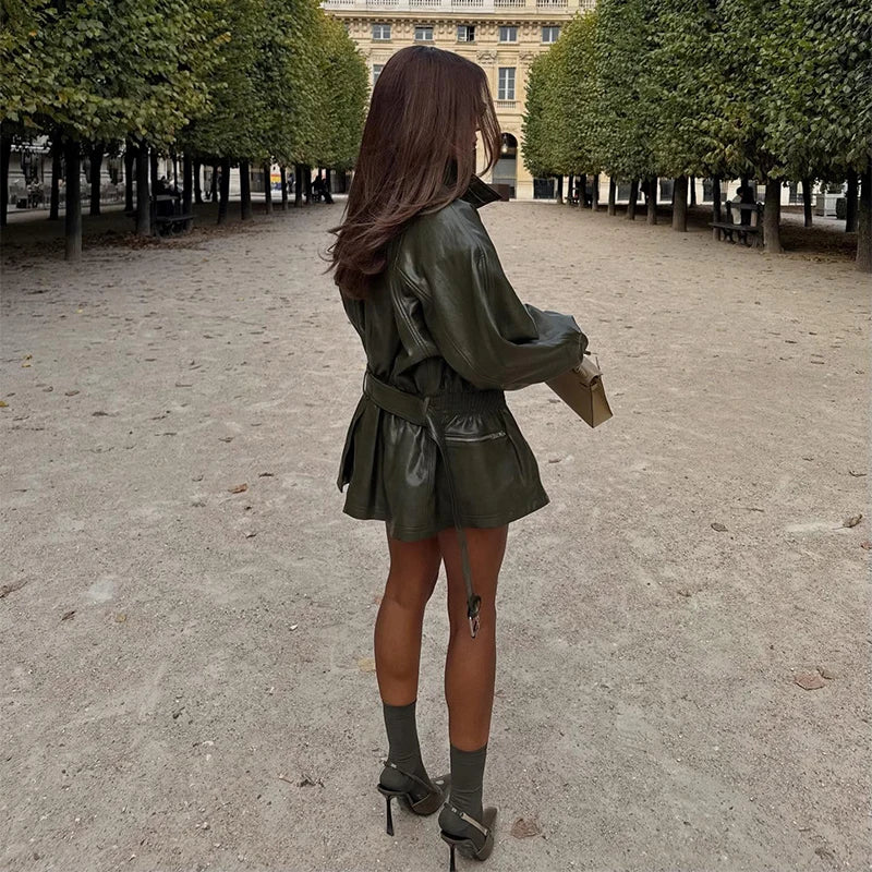 DALIA - Army Green Leather Jacket