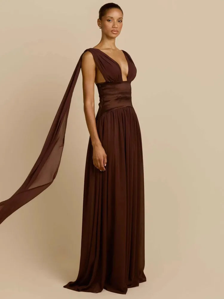 DALIA – Plunge Maxi Dress - Brown