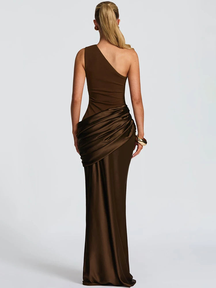 DALIA - Elegant Bodycon Satin Long Dress - Brown