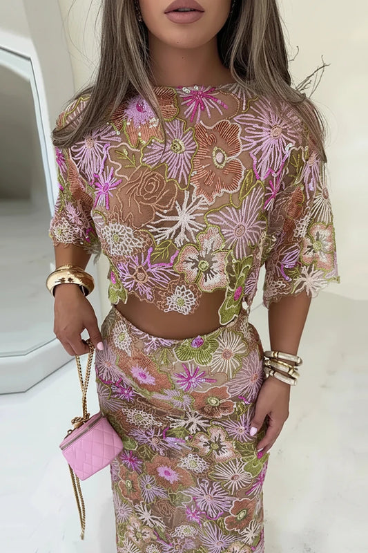 DALIA -  Ibiza Flower Sequin Set Long- Pink & Green