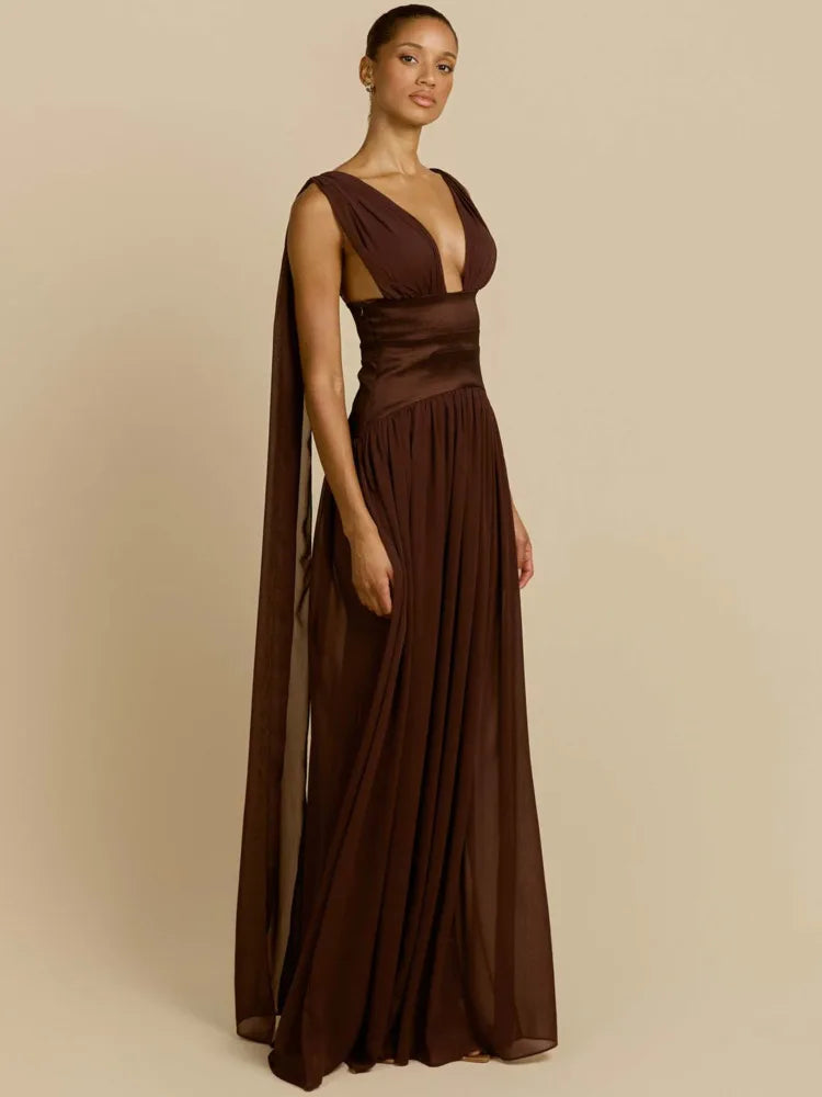 DALIA – Plunge Maxi Dress - Brown