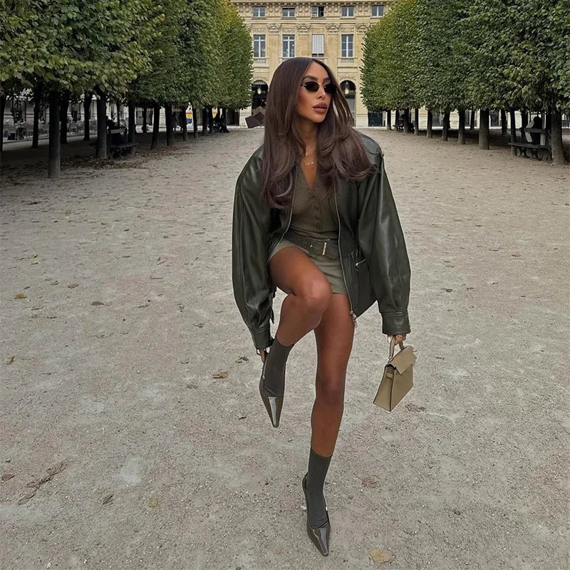 DALIA - Army Green Leather Jacket