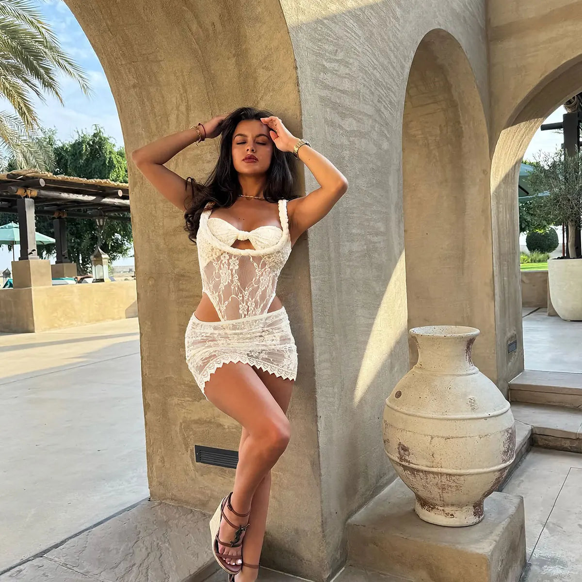 DALIA - Lace Elegance Two-Piece Set - White