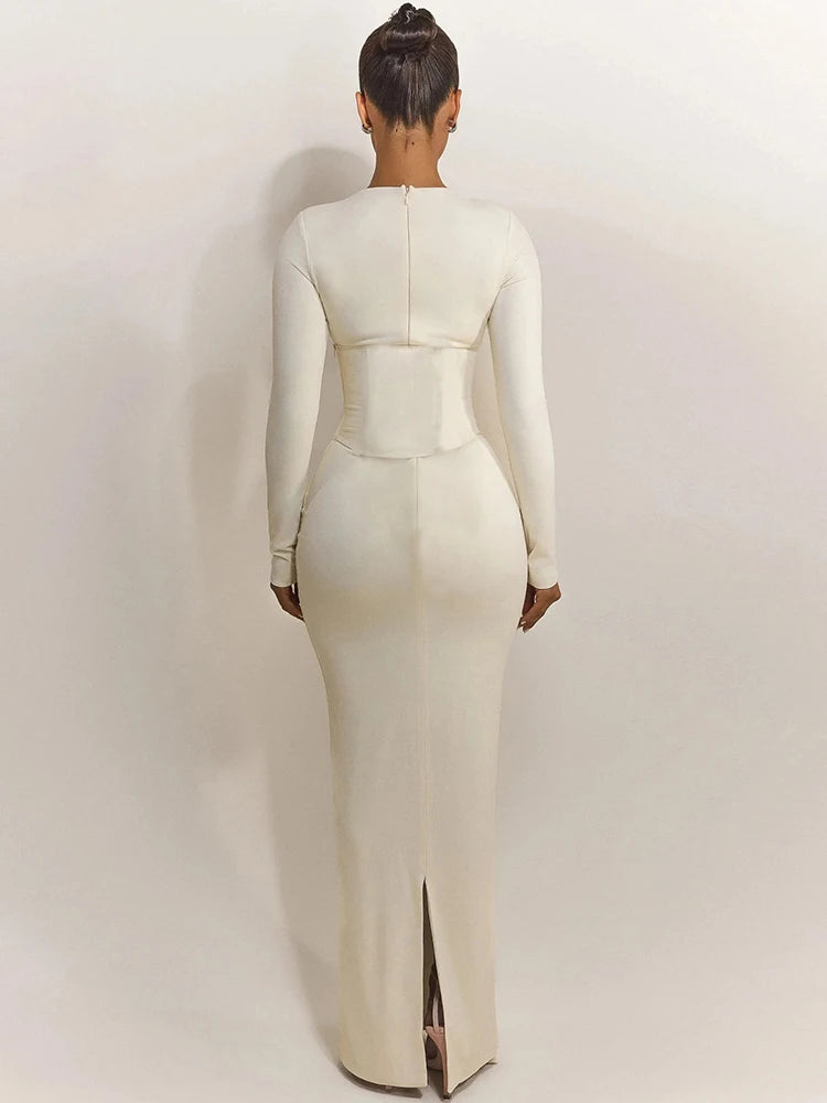 DALIA - Dopasowana sukienka maxi z wysokim stanem i rozcięciem 