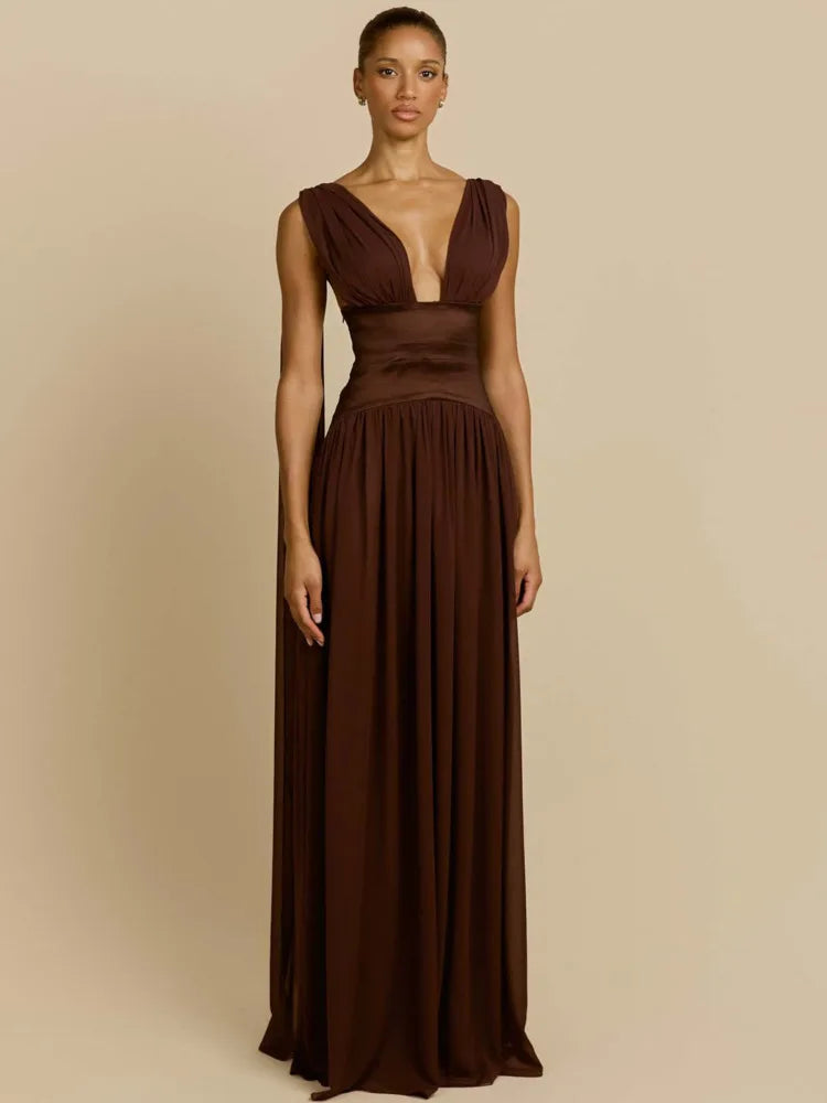 DALIA – Plunge Maxi Dress - Brown