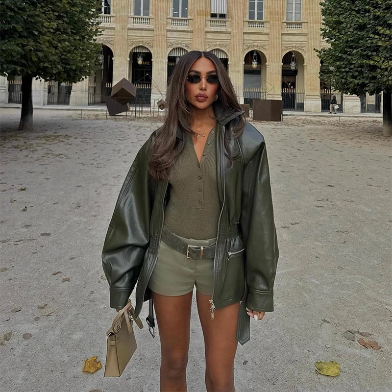 DALIA - Army Green Leather Jacket
