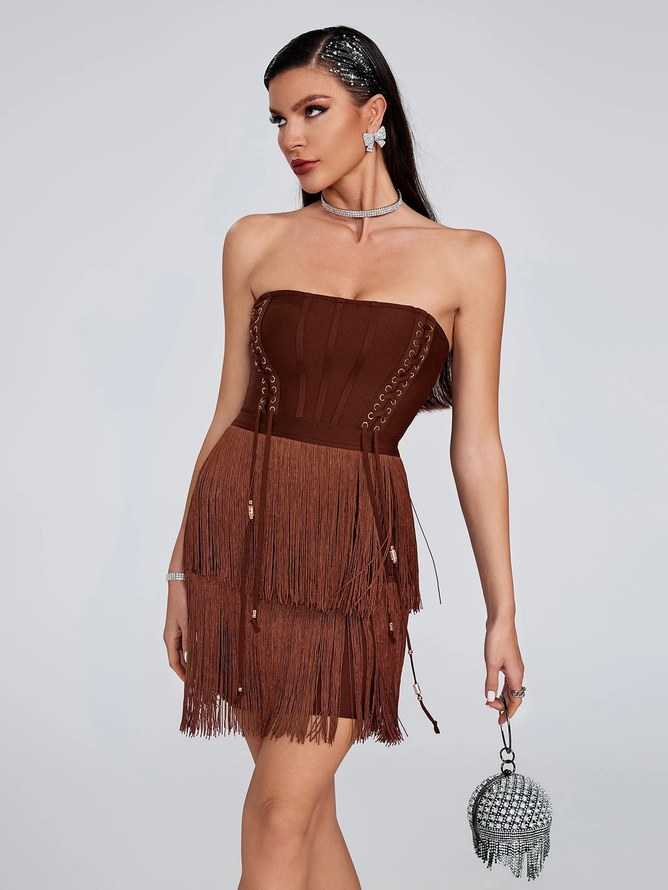 DALIA - Brown Tassel Bandage Dress