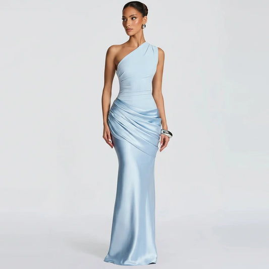 DALIA - Elegant Bodycon Satin Long Dress - Blue