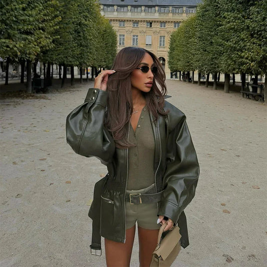 DALIA - Army Green Leather Jacket