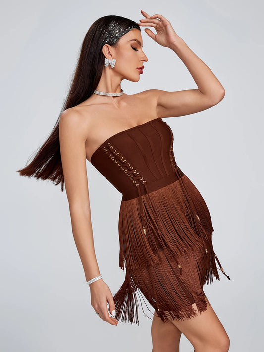 DALIA - Brown Tassel Bandage Dress