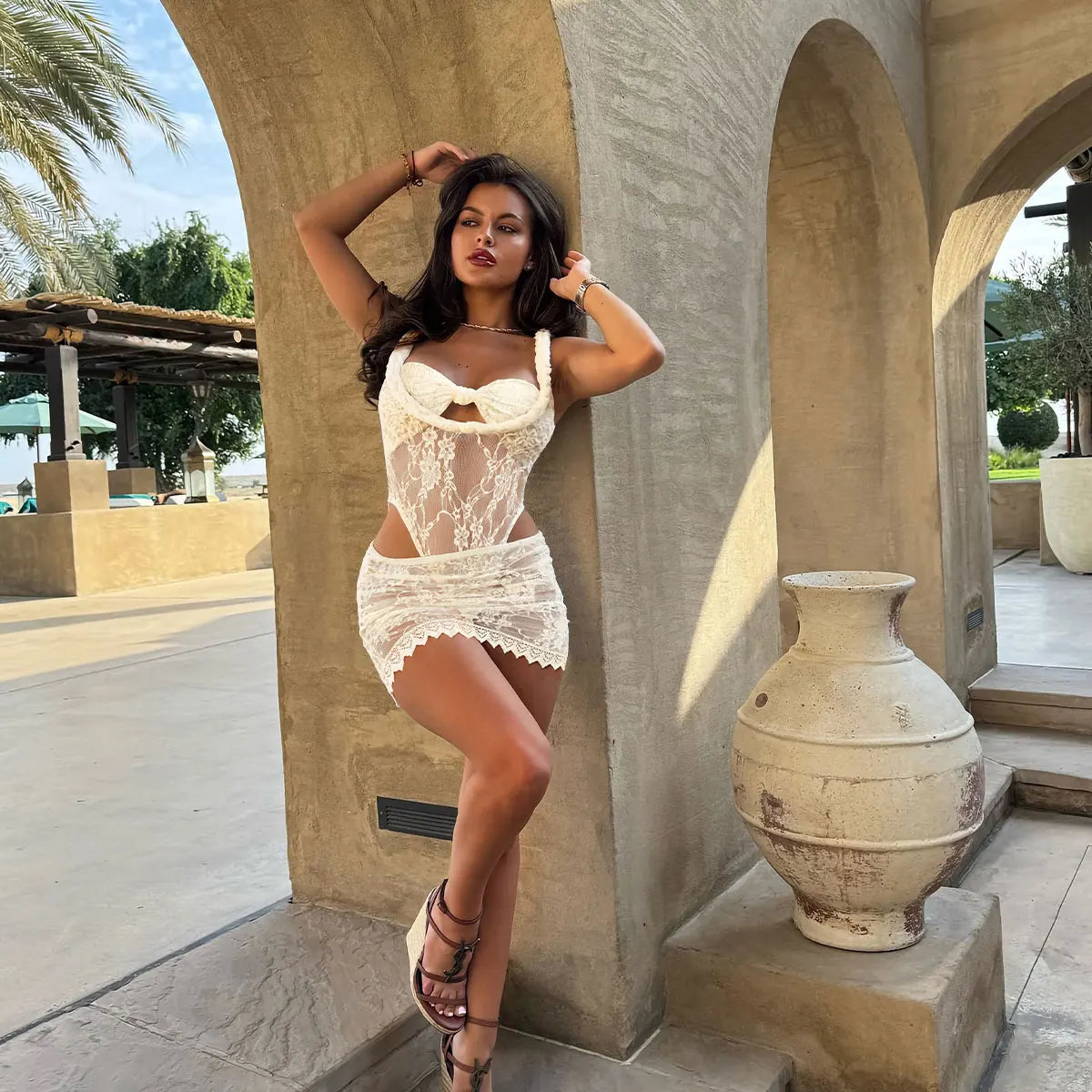 DALIA - Lace Elegance Two-Piece Set - White