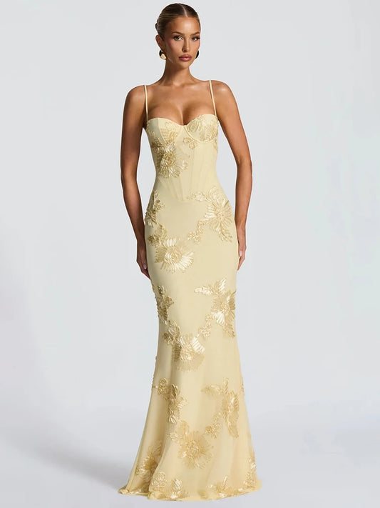 DALIA - Bodycon Flower Maxi Dress - Yellow