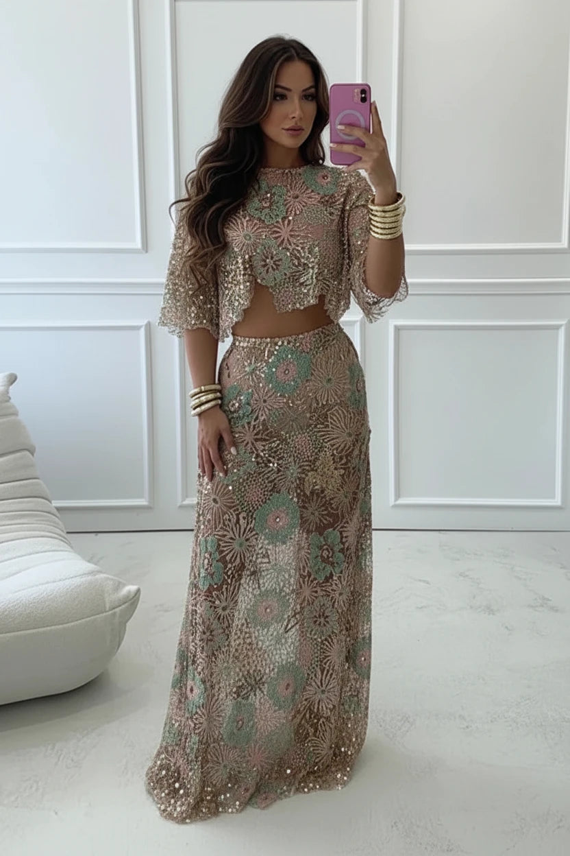 DALIA -  Ibiza Flower Sequin Set Long- Pink & Green
