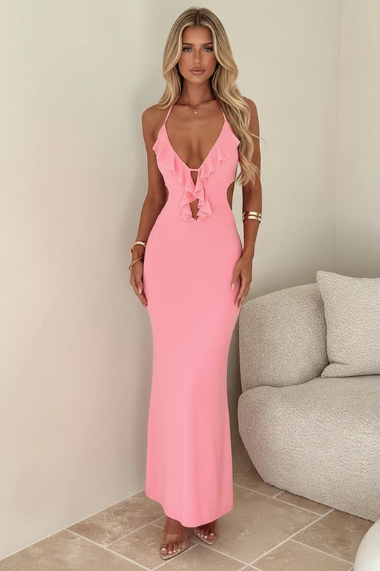 DALIA - Elegant Ruffle Cut-Out Maxi Dress Pink