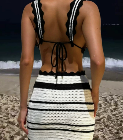 DALIA - Striped Ruffle Maxi Knit Set Black