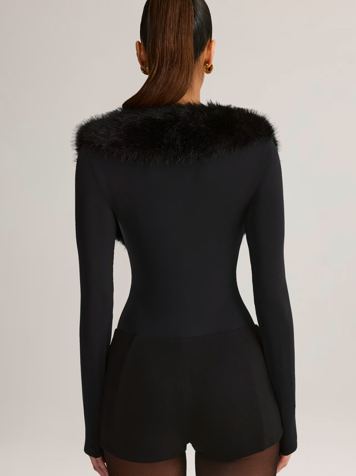 DALIA - Faux Fur-Trim Playsuit in Black